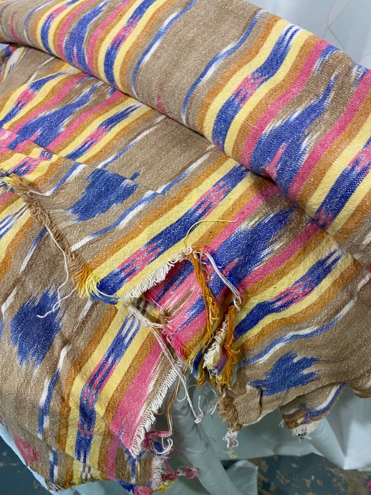 Fabric yardage, 2 pieces woven ikat cotton pink blue tan 42″x132″ + 42 x58″
