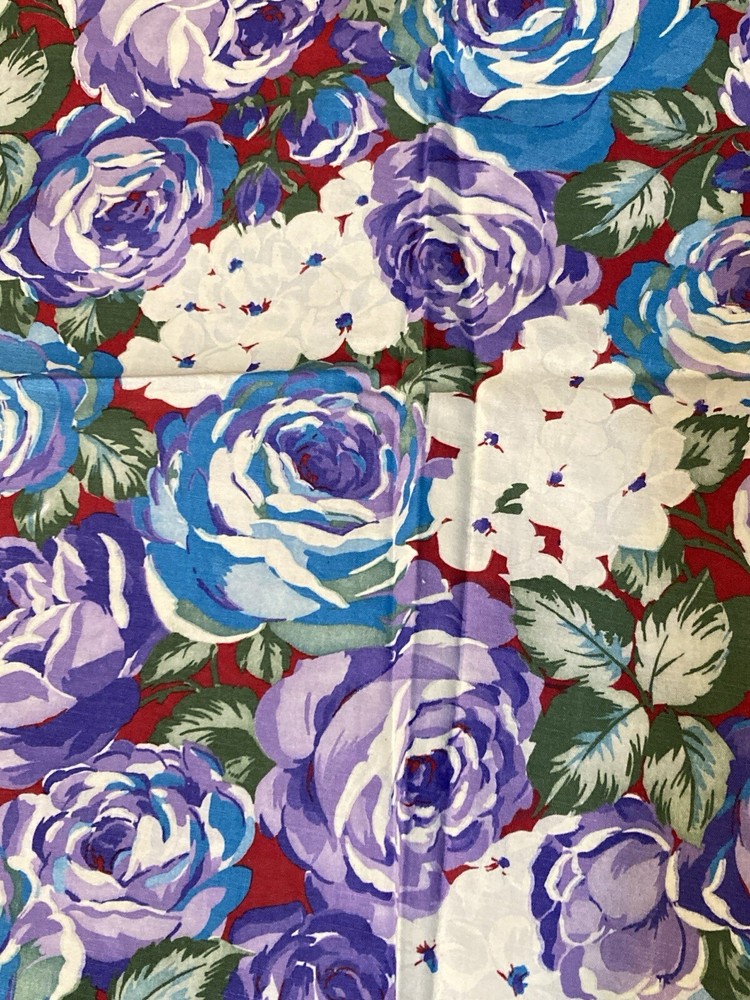 Large Roses Purple Blue White Flowers on Dark Red 17″ x 42″ Width Cotton Fabric