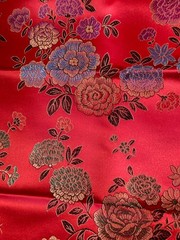 Asian Purple Blue Green Flowers on Red Jacquard Satin Fabric 19″ x 47″ Width