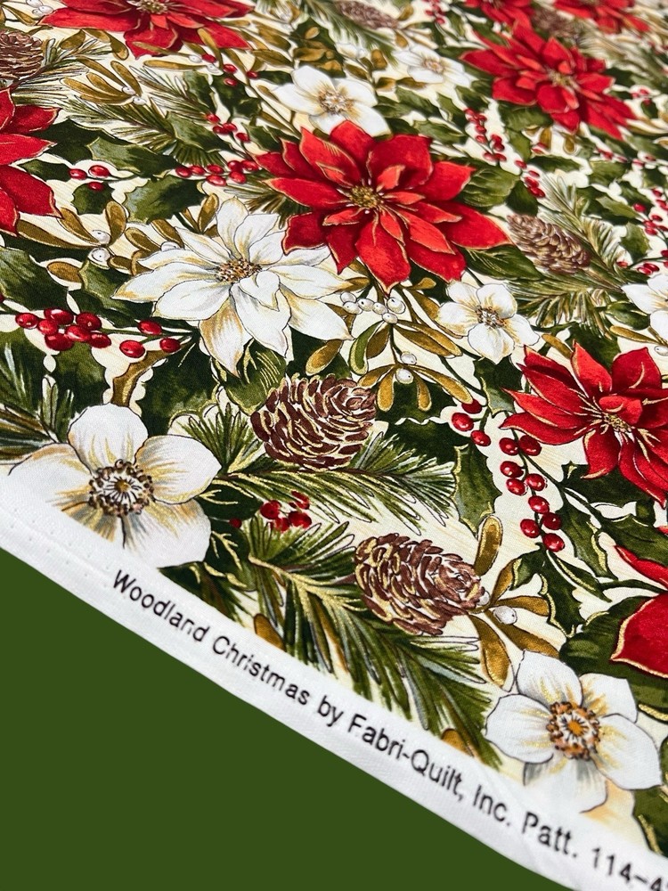 Woodland Christmas Fabric by Fabri-Quilt 3 Yds Poinsettias Pinecones Berries