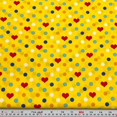 Red Hearts & Polka Dots on Unbranded Yellow Cotton Fabric by the HALF YARD