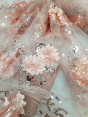“Blush 3D Floral Lace Fabric with Sequins and Embroidered Double Scallops – Sold