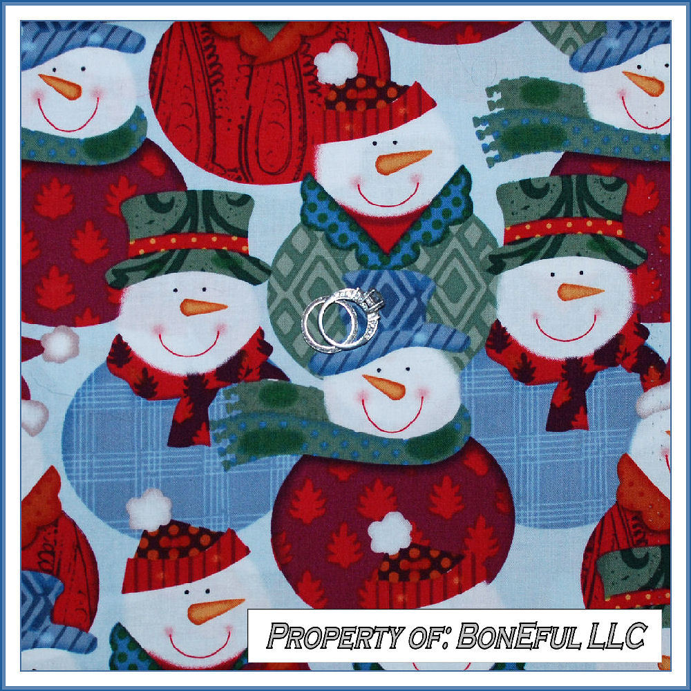 BonEful Fabric FQ Cotton Quilt L Snowman Face Hat Red Green Blue Child Dot Plaid