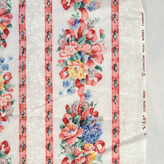Vintage Cranston Floral Rose Bow Stripe Fabric Pink Blue Bouquet Cottagecore BTY