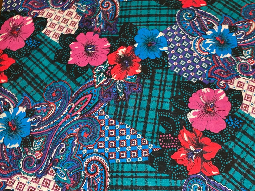By 1/2 Yd Vintage Floral Paisley Plaid Fabric BTHY Green Blue Black Red