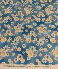 Daisy Floral Fabric By RED Original Designs White Yellow On Distressed Blue BTHY