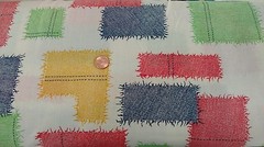 COTTON FABRIC – RED, YELLOW, BLUE & GREEN PATCHES ON WHITE – BTY