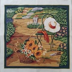 Vintage~”Sunflowers/Lillies/Gardening Tools”~ Cotton Fabric Panel~ 13.75″x13.25″