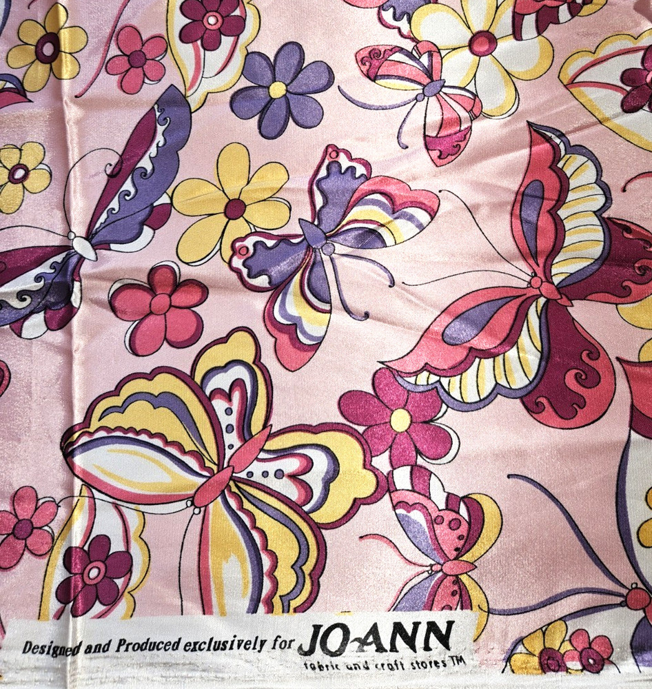 Butterflies Pink Fabric Shiny Satin Polyester JOANN 58″ wide x 73″ long ~2 Yards