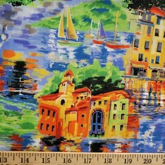 Portofino Scenic Print Cotton – Buildings, Water, Boats for Quilts, Shirts, etc