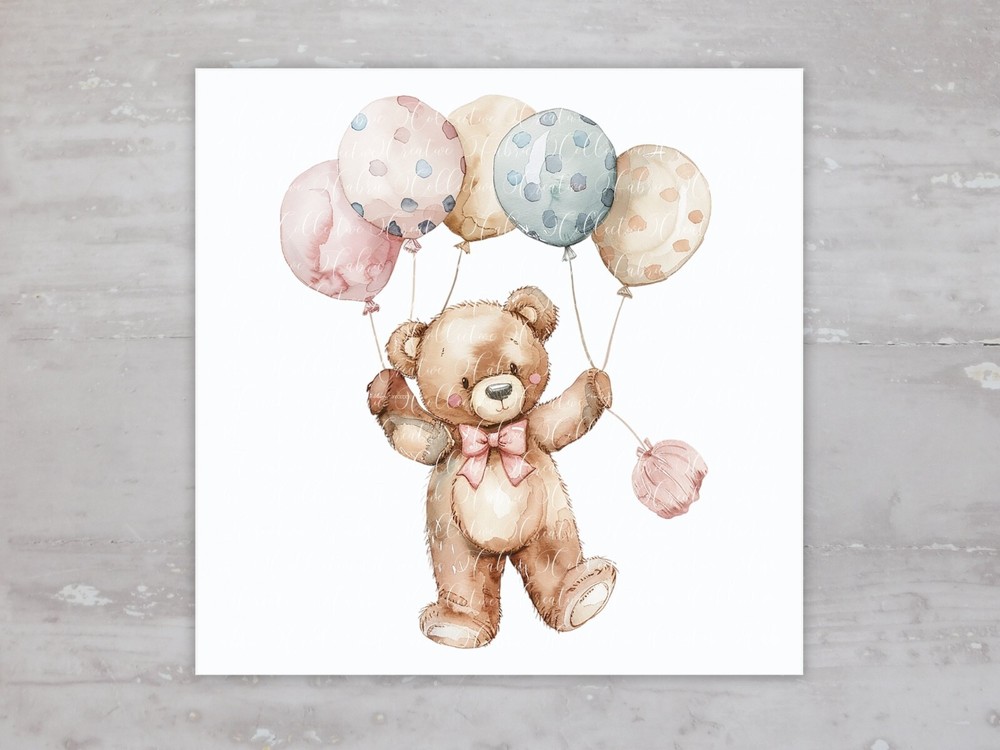 Nursery Girl Teddy Bear With Balloons Fabric Panel Sewing Quilt Block A26
