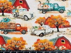Tina Scrap 9″x21″ Vtg Truck Fall Autumn Farm Tree Barn Pumpkin Cotton Fabric