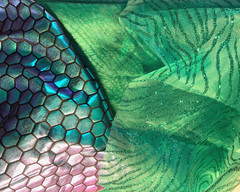 IRIDESCENT BLUE GREEN FOIL SPANDEX COSTUME FABRIC STRETCH + GLITTERED ORGANZA