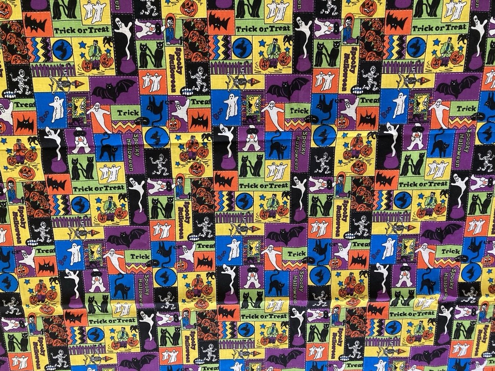 Rare VTG 90s Halloween Patchwork Block Design Fabric 3 pcs-Retro-Ghosts, Blk Cat