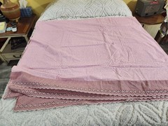 Vintage Pink Floral Flannel Print Fabric /Handmade Coverlet Eyelet Lace92 x 104″