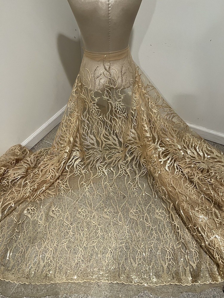 GOLD Embroidery Sequins Lace Fabric 50” Width Sold By The Yard