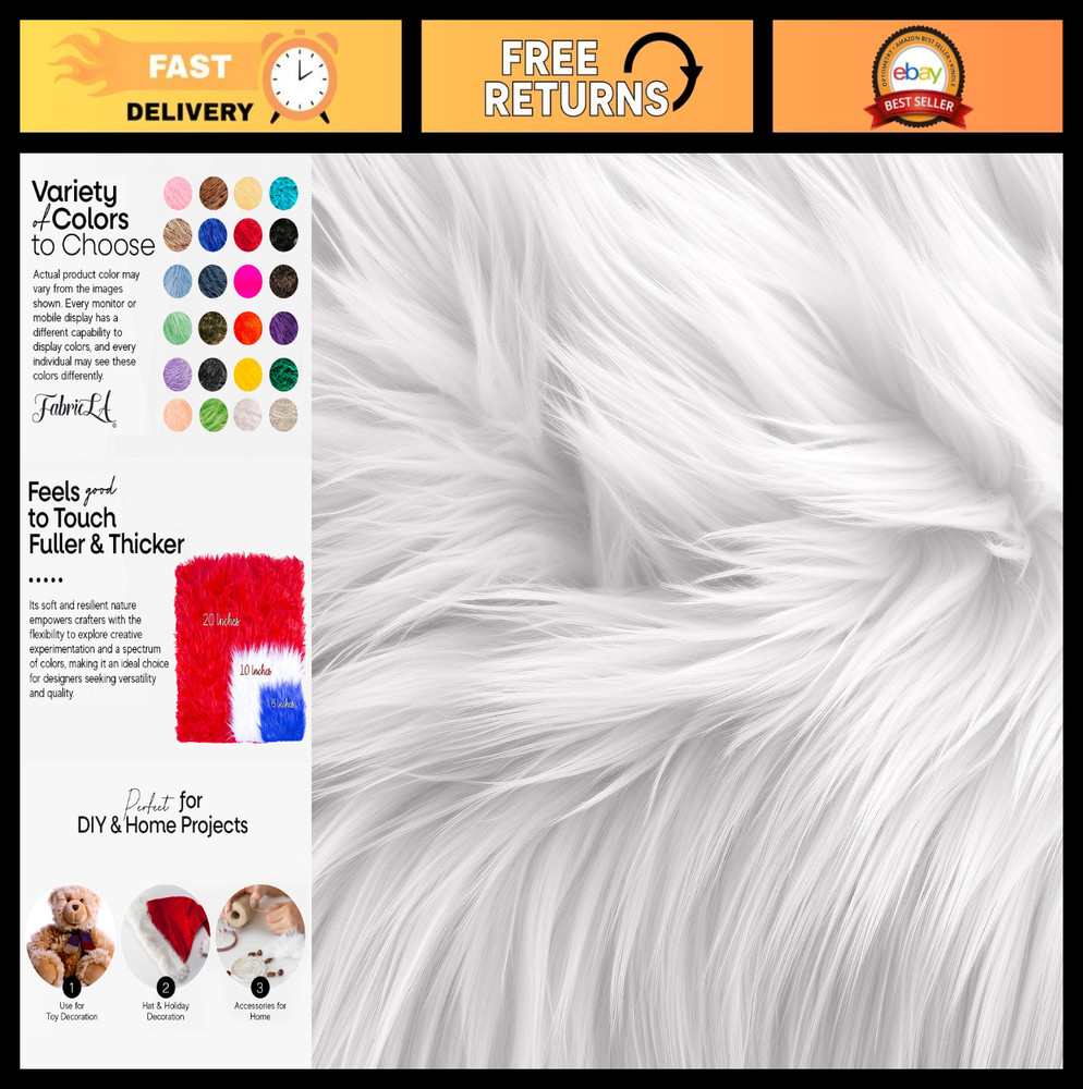 Shaggy Faux Fur Fabric – 30″ x 30″ Pre-Cut White for DIY Crafts, Fashion, Gnomes