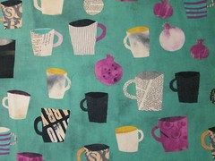 MOD COFFEE CUPS TEA CUP NEWSPAPER MUGS TEAL BLUE DRINKS COTTON FABRIC FQ