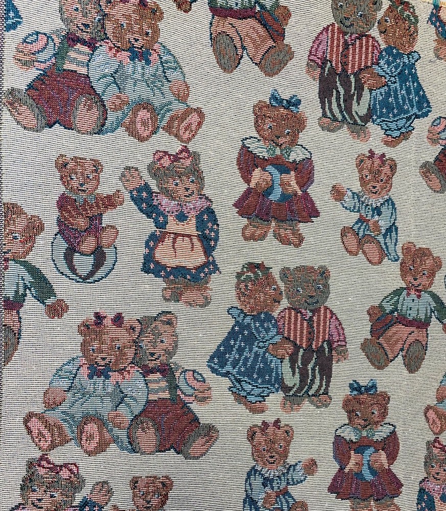 TEDDY BEAR WOVEN JAQUARD TAPESTRY FABRIC 1 YD X 54″ ADORABLE CLOTHES RARE VNTG