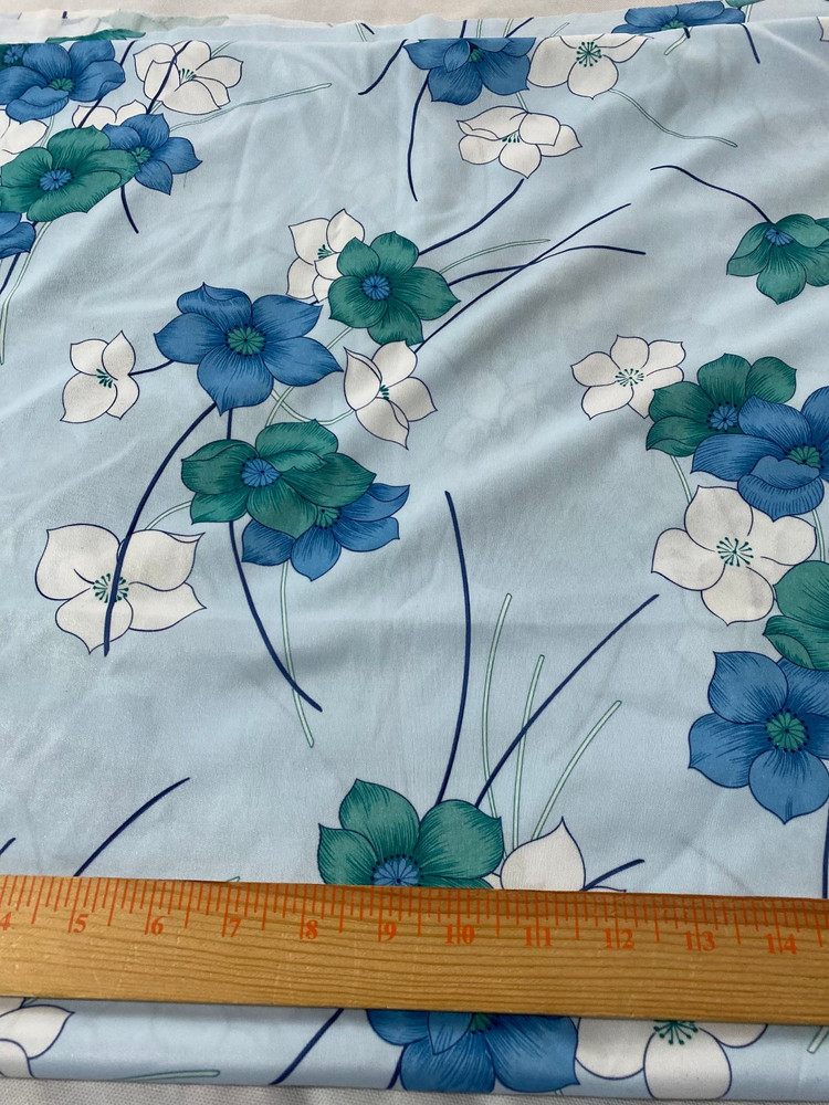 Retro nylon polyester knit fabric/large floral print on light blue 1 yd 25″x 62″