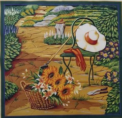 Vintage~”Sunflowers/Lillies/Gardening Tools”~ Cotton Fabric Panel~ 13.75″x13.25″