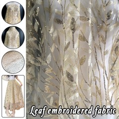 100*125cm Champagne Shining Sequin Tree Leaf Embroidered Fabric Dress Material.