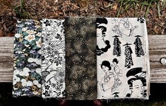 4 Japanese Cotton Fabrics cream black Geishas Chrysanthemums 2 yards Bundle