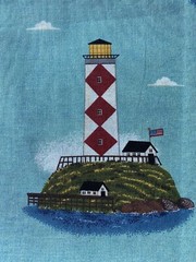 WARREN KIMBLE FABRIC~Coastal Scene~LIGHTHOUSES~Sailboats~FLAGS~Teal Bkgrnd~OCEAN