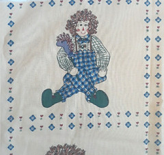 Vintage 90s Raggedy Ann & Andy Print Fabric Panel 22×35 Folk Art Cottage Country