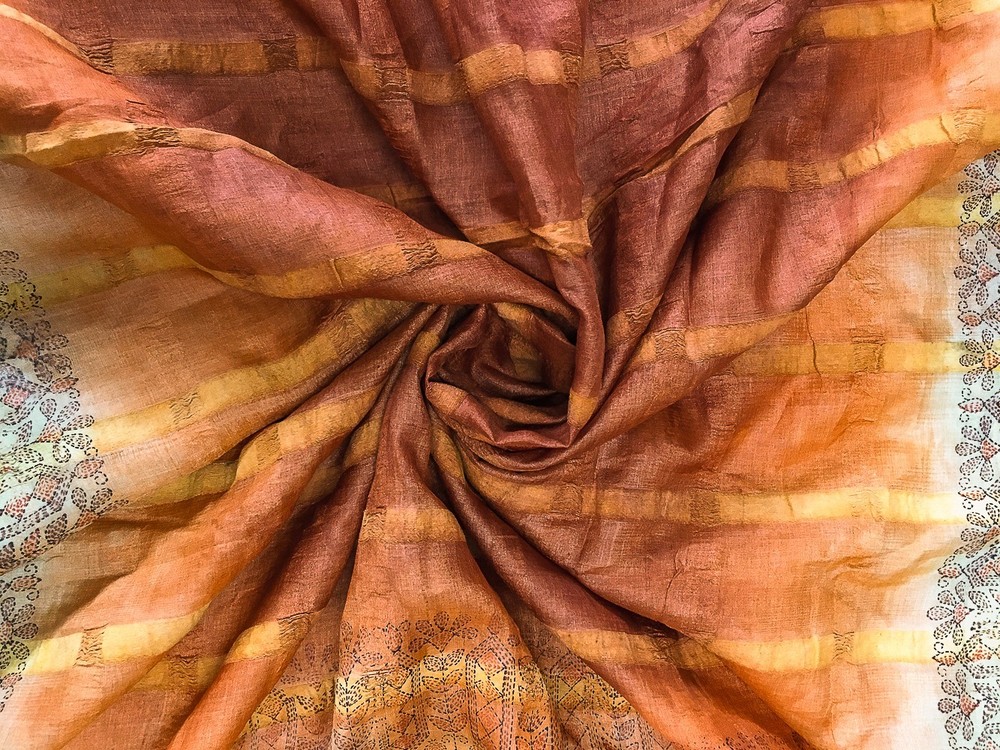 Pure Tussar Sari, Silk Fabric 5 Yard, Recycled Natural Vintage Fabric TSS3294