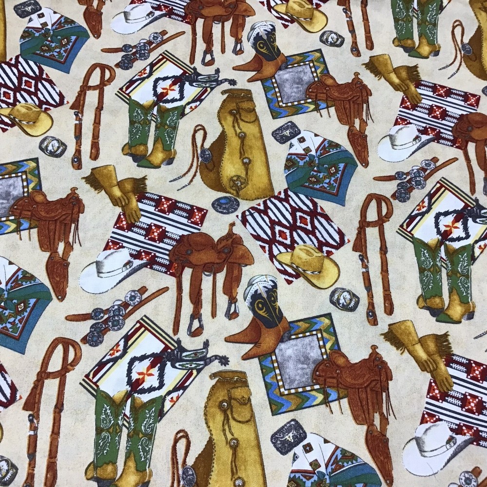 Cowboy Hat boots saddle Western rodeo gear by Robert Kaufman cotton fabric