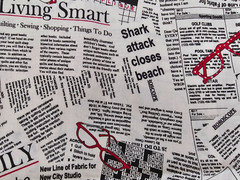 Black & White & Read Allover Fabric Newspaper Glasses Cotton Quilt Fabric BTY