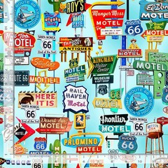 Travel Fabric | Route 66 Retro Road Signs Blue | Timeless Treasures YARD