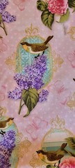 Joann Fabric Victorian Birds, Flowers, Butterfly Pink Polka Dot Gold Filigree