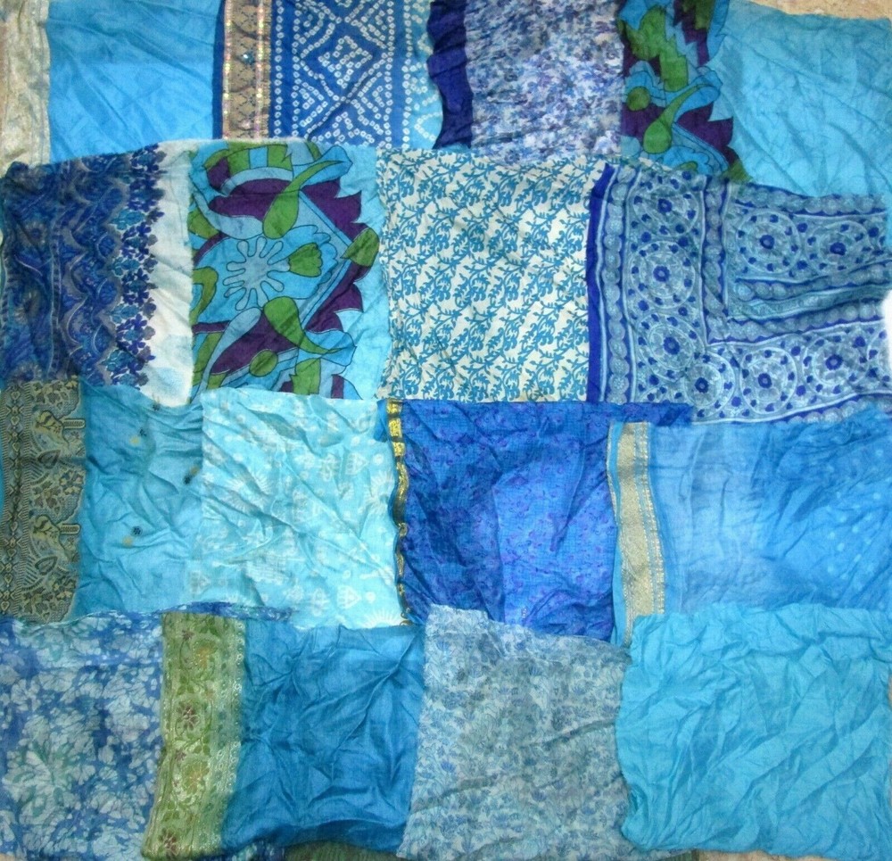 LOT PURE SILK Antique Vintage Sari Fabrics REMNANT 20 pcs 5 inch SQUARES AQUA