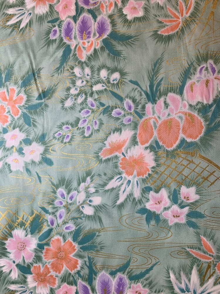Sage & Peach Iris Floral Cotton Sateen Fabric Vintage 90’s OOP