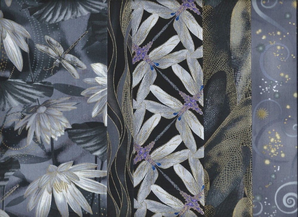 “Dragonfly Dance”, Black and Gray fats, Kanvas Studio, Set of 5 fat quarters