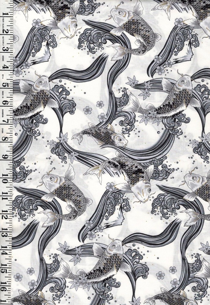 Japanese-Cosmo Stylized Koi, Mt. Fuji & Grt Wave – SP3700-2A-White-By Half Yard