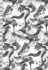 Japanese-Cosmo Stylized Koi, Mt. Fuji & Grt Wave – SP3700-2A-White-By Half Yard