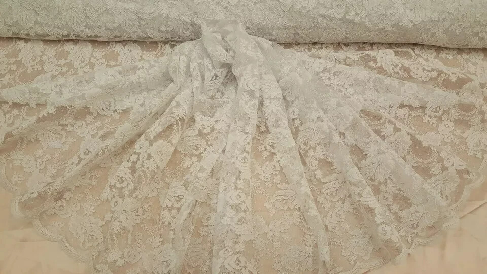 “White Bridal Lace Fabric with Embroidered Flowers and Polka Dots – Sold by the