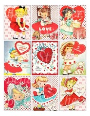 Set of 9 Vintage Retro Little Girl Valentine Hearts Quilt Cotton FABRIC Panels