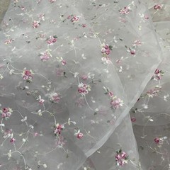 Pink Flowers Embroidered White Organza Fabric 58″ Wide ~ 5.5 yd