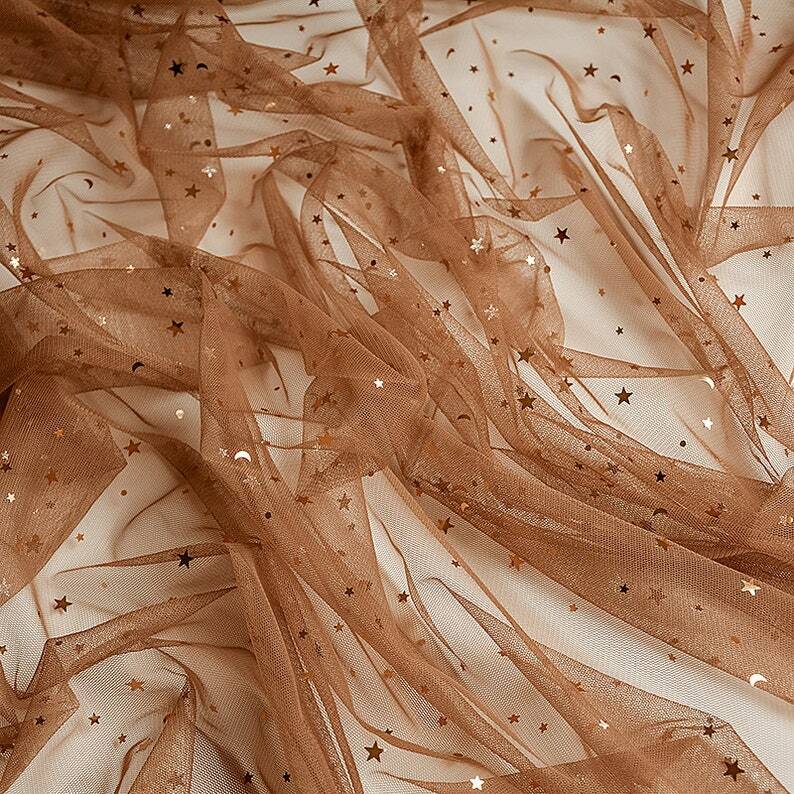 Brown Lace Fabric By The Yard Gold Sequin Stars Printed Tulle Fabric Fashion New