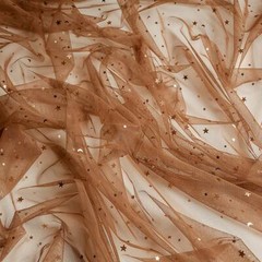 Brown Lace Fabric By The Yard Gold Sequin Stars Printed Tulle Fabric Fashion New