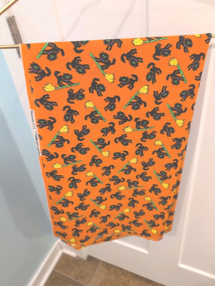 Vintage Wamsutta Halloween Cards Black Cat And Brooms Orange Fabric 1 YD X 44 IN