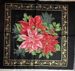 Poinsettia Christmas fabric 23” x 42 Black, Gold, Red, Green