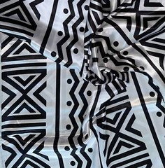 African Print, Satin Fabric- Black, White “Nima”, Yard or Wholesale