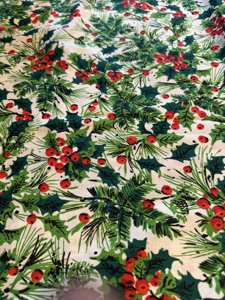 Vintage Christmas Fabric Spring Mills Red Green Holly Berry Pine 2 Pieces