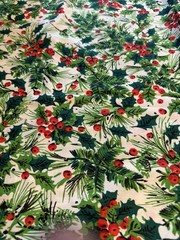 Vintage Christmas Fabric Spring Mills Red Green Holly Berry Pine 2 Pieces