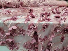 Mauve Bridal 3d Lace Beaded 3d Floral Flowers Satin Embroidered Beads Mesh